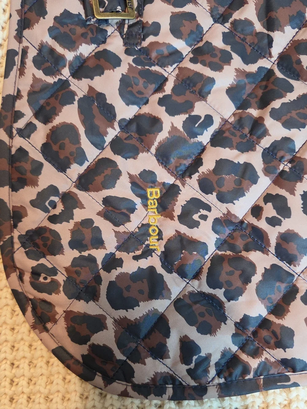 BARBOUR Boulevard Quilted Dog Coat in Dusty Pecan Jaguar Print Size Medium